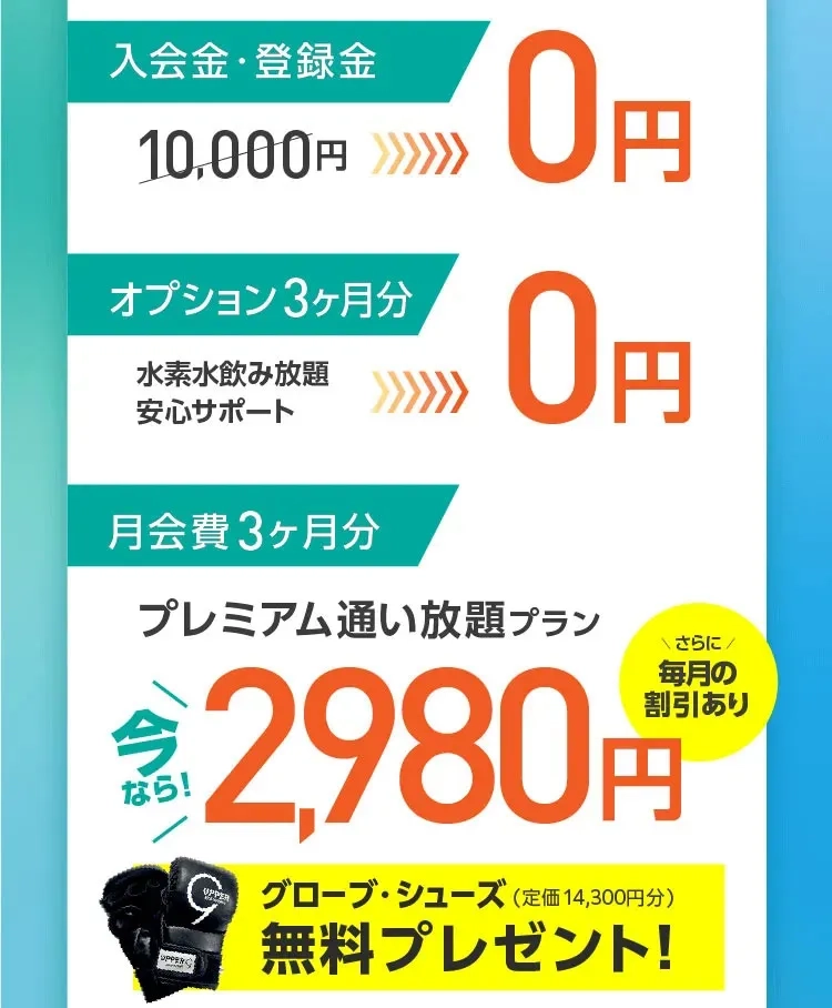 入会金・登録金10,000円→0円 オプション3ヶ月分→0円 月会費 3ヶ月分 プレミアム通い放題プラン 2,980円　さらにポイントプレゼント！2000円分