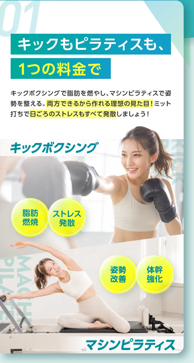 01.キックもピラティスも、1つの料金で。キックボクシングで脂肪を燃やし、マシンピラティスで姿勢を整える。両方できるから作れる理想の見た目!ミット打ちで日ごろのストレスもすべて発散しましょう!