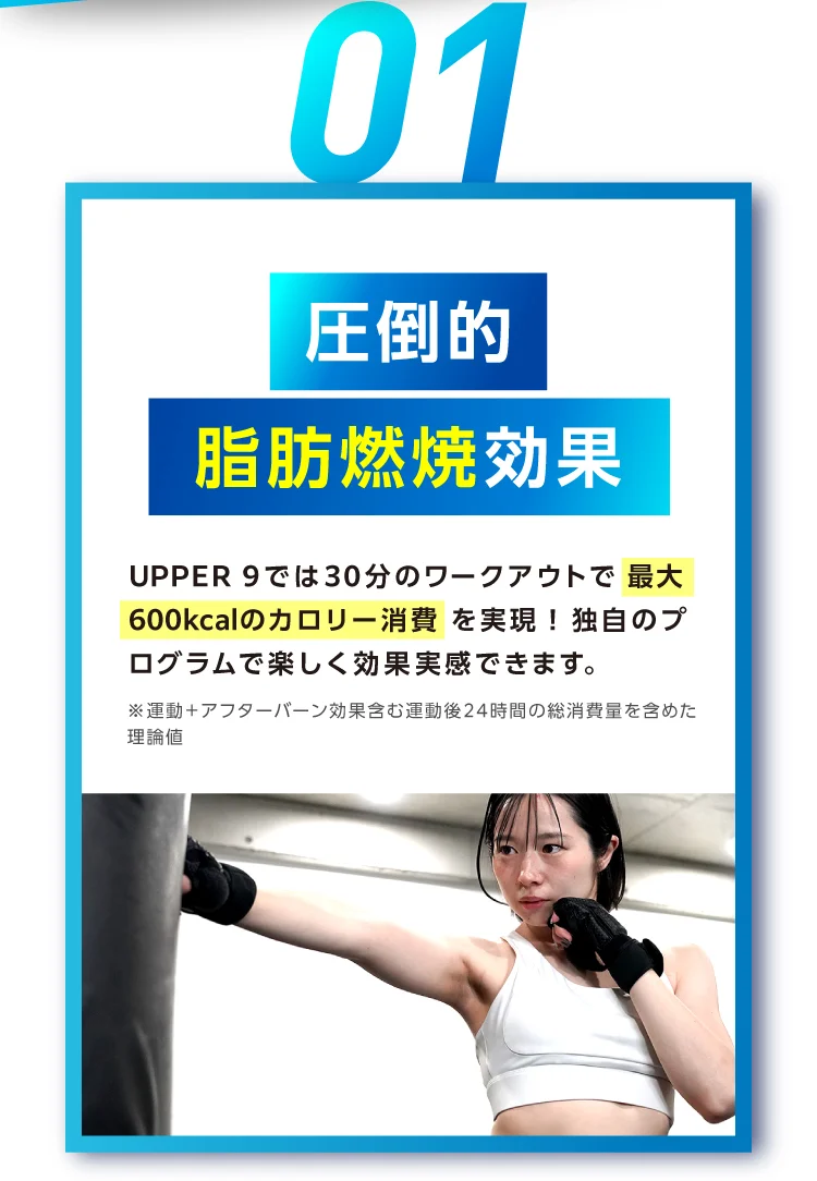 圧倒的脂肪燃焼効果 UPPER 9では30分のワークアウトで最大600kcalのカロリー消費 を実現！独自のプログラムで楽しく効果実感できます。※運動＋アフターバーン効果含む運動後24時間の総消費量を含めた理論値