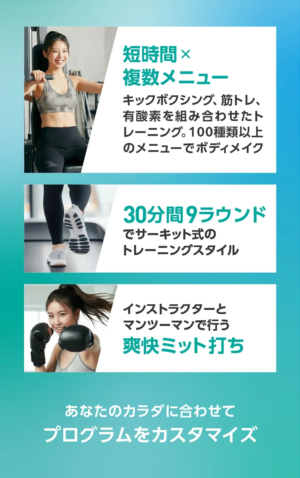 ・30分間9ラウンドでサーキット式のトレーニングスタイル・短時間×高強度 効率的で飽きがこない独自のシステム・サーキットの中にはインストラクターとの「本格」ミット打ち