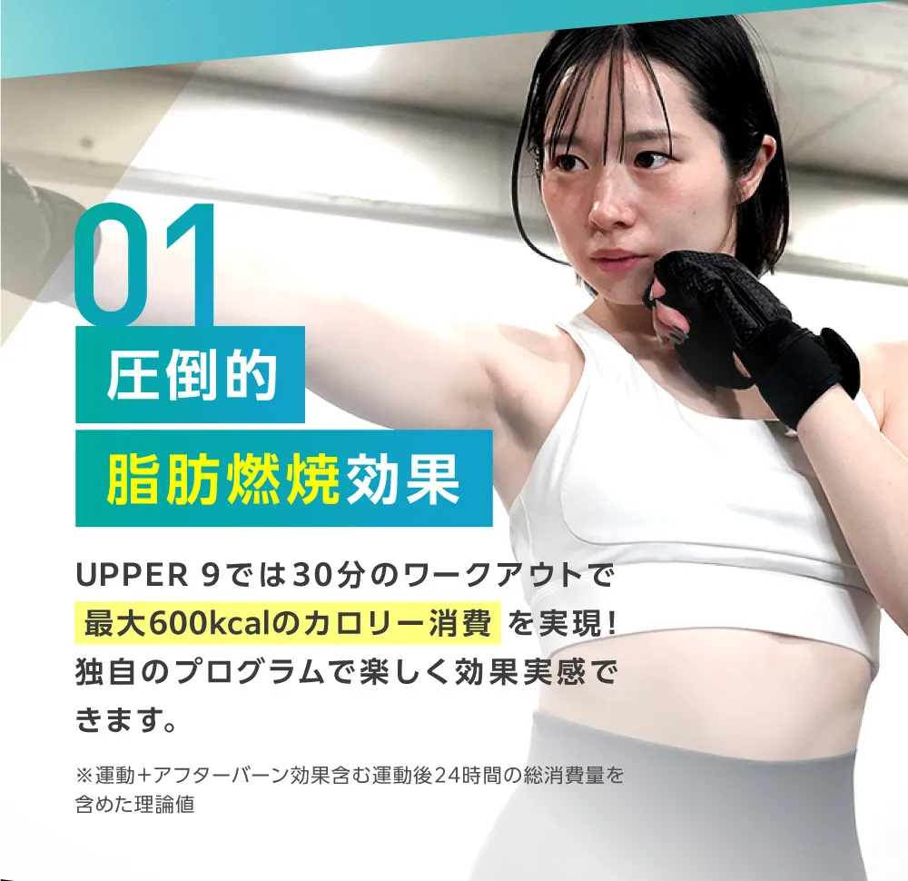 圧倒的脂肪燃焼効果 UPPER 9では30分のワークアウトで最大600kcalのカロリー消費 を実現!独自のプログラムで楽しく効果実感できます。※運動+アフターバーン効果含む運動後24時間の総消費量を含めた理論値